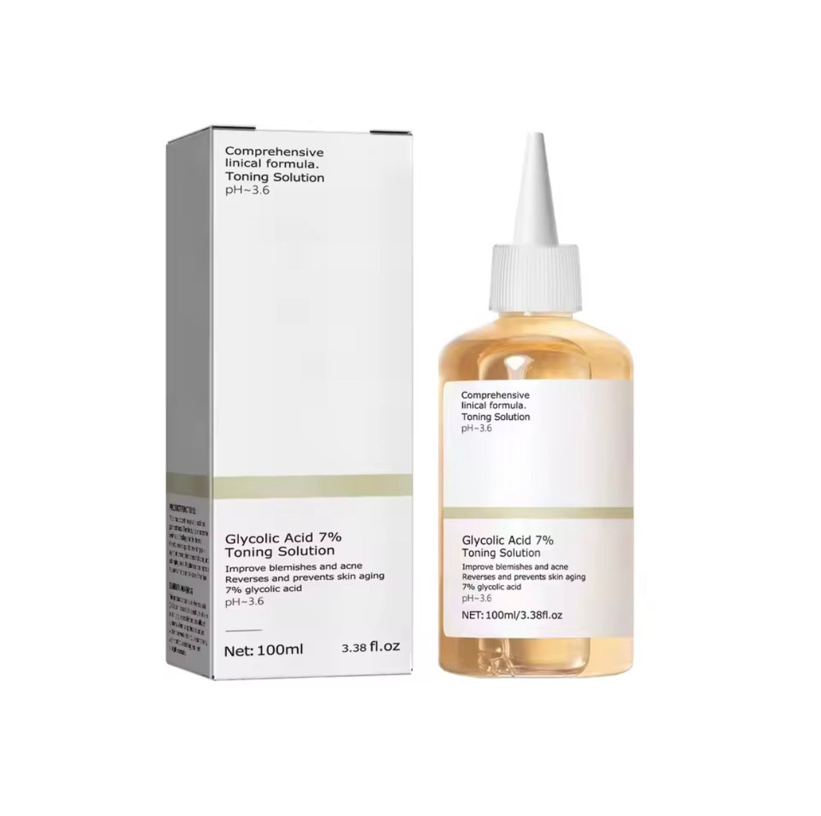Glycolic Acid 7% Toning Solution by The Ordinary, shown with its white and gray packaging box and a clear bottle containing the golden liquid, on a plain white background.
