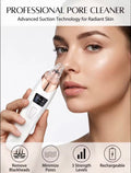 A white and rose gold facial pore cleaner held to a woman's nose, with promotional text at the top and feature icons at the bottom.