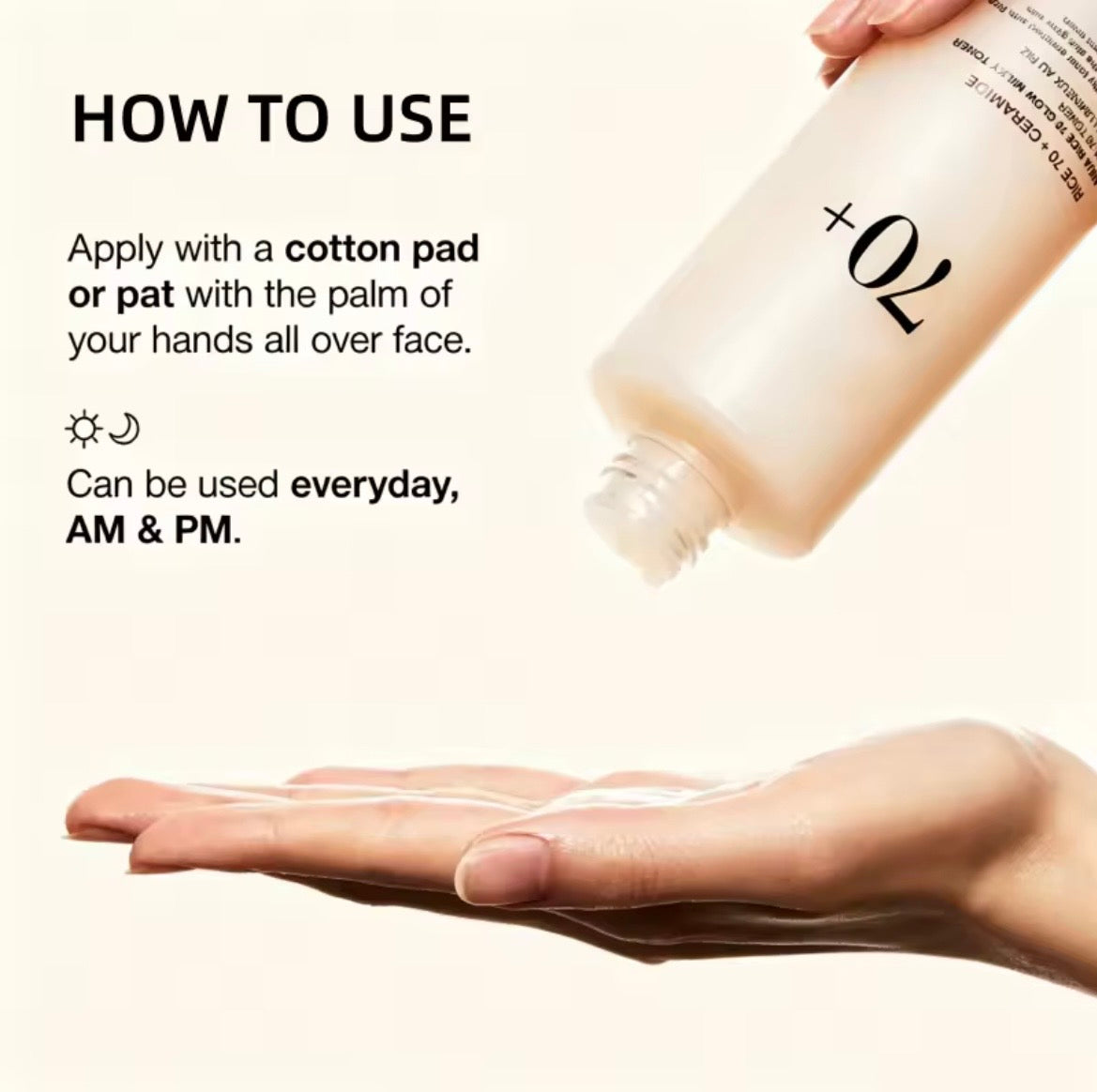 A bottle of facial serum is shown being dispensed onto an open hand, with text instructions on how to use it. The bottle is frosted and labeled with the brand name '+02'.