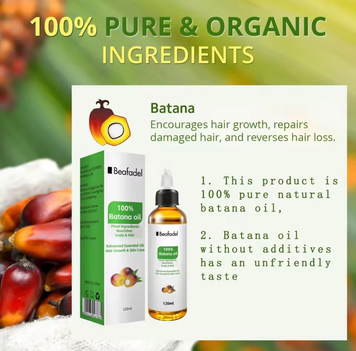 Beafadel 100% pure natural batana oil bottle and box packaging displayed on a white card, surrounded by fresh batana fruits and a blurred green background with text highlighting pure organic ingredients.