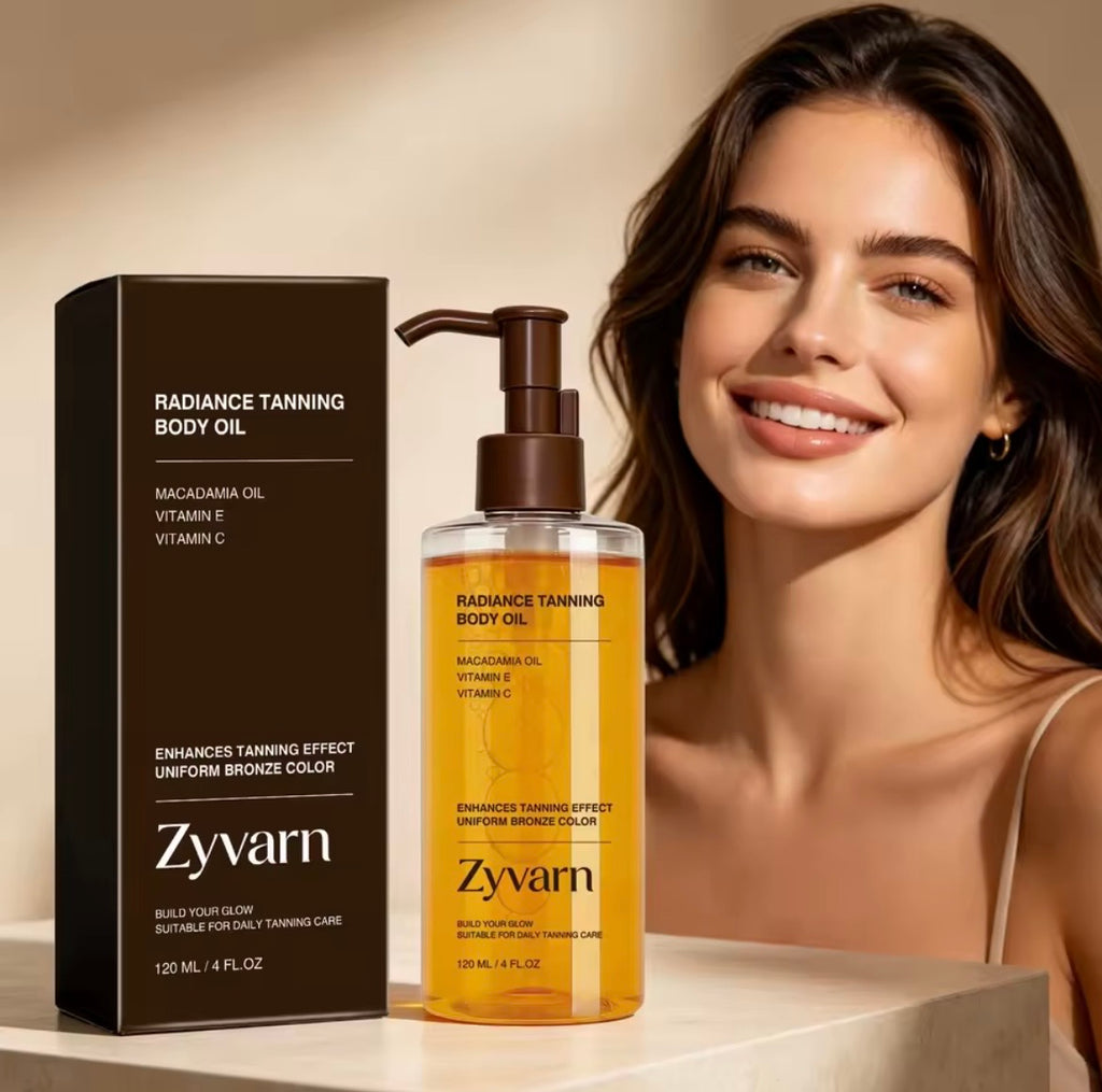 Zyvarn Radiance Tanning Body Oil bottle and its black packaging box displayed next to a smiling woman with long brown hair in a warm, sunlit setting.