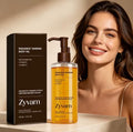 Zyvarn Radiance Tanning Body Oil bottle and its black packaging box displayed next to a smiling woman with long brown hair in a warm, sunlit setting.