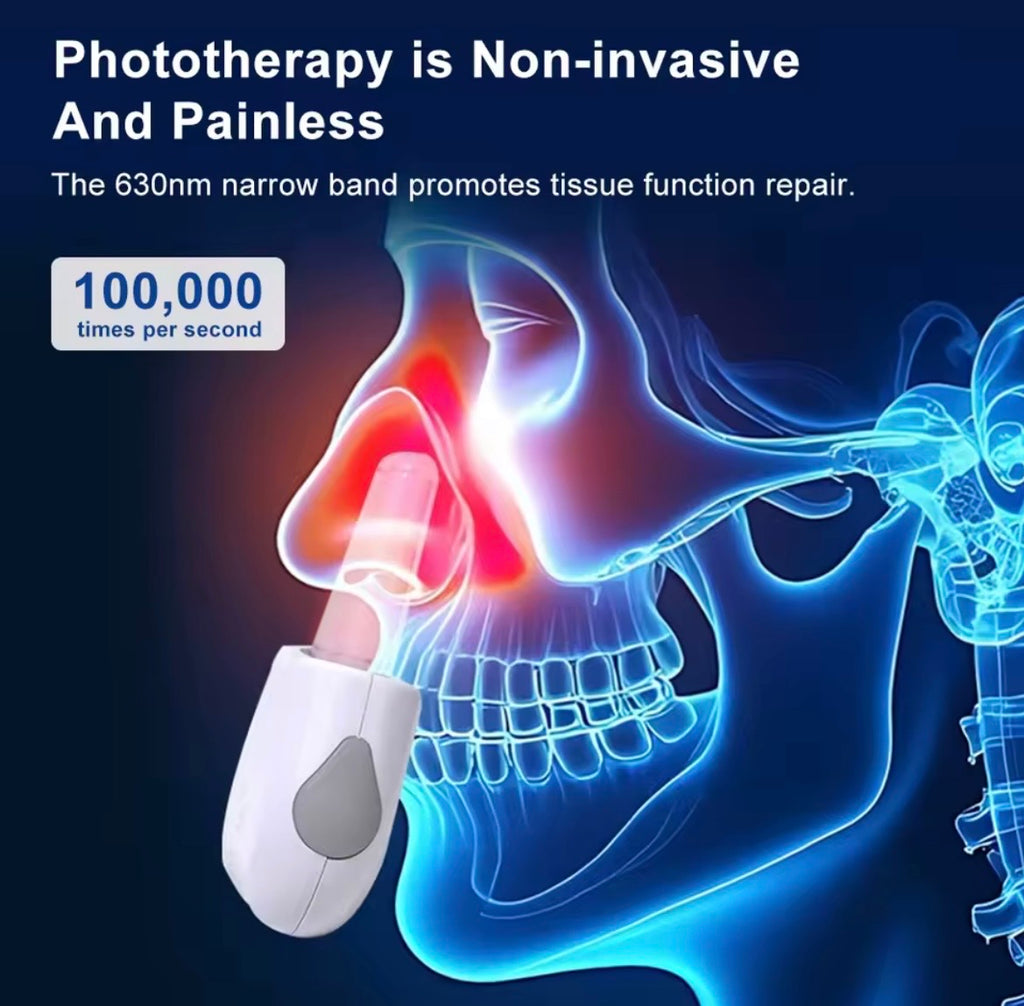 A white and gray phototherapy nasal device shown applying light to a nose in a blue anatomical illustration of a human head. Text reads 'Phototherapy is Non-invasive And Painless' and '100,000 times per second.