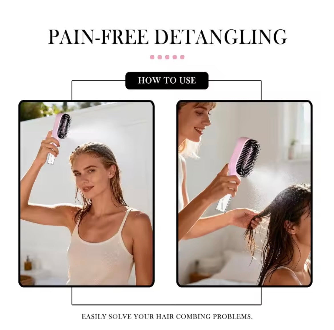 Two women using a hairbrush with text on pain-free detangling and how to use.