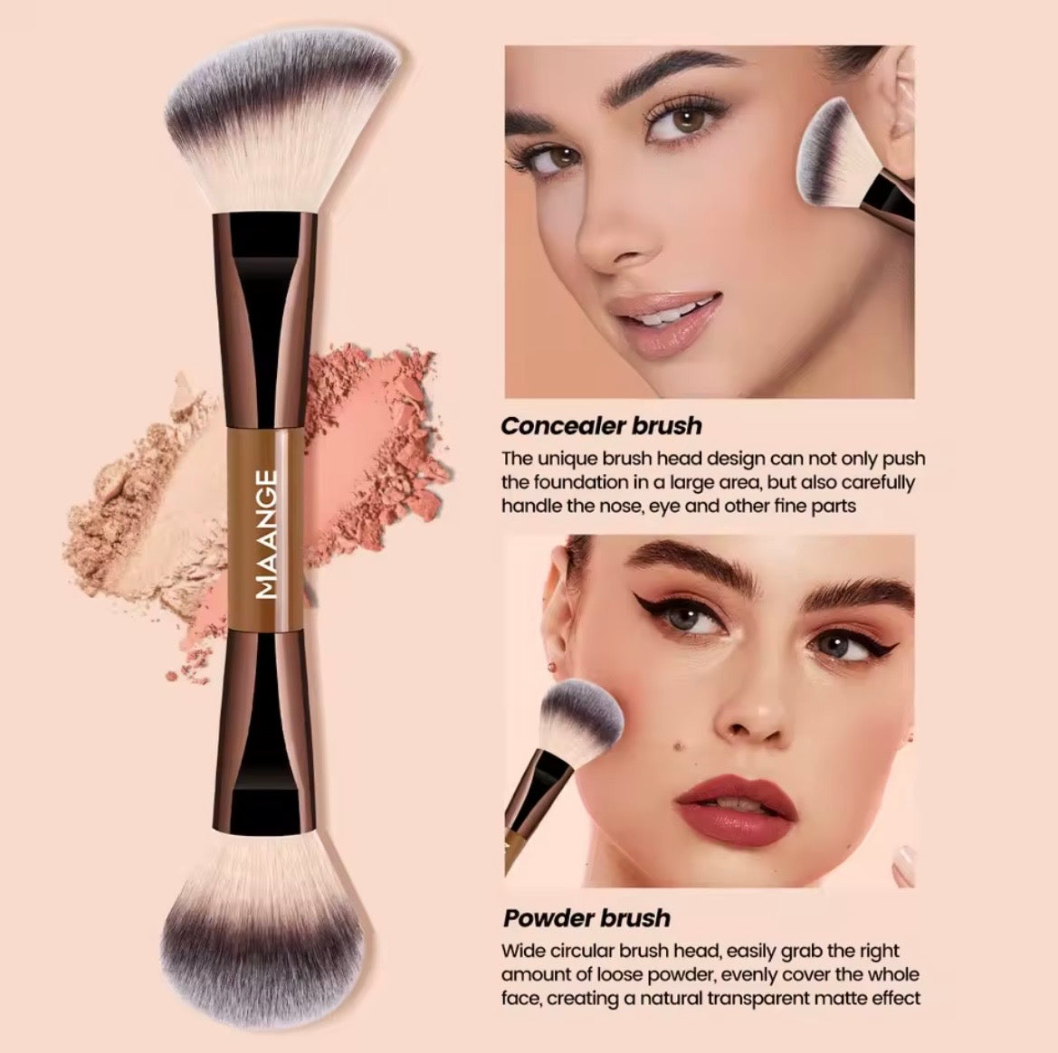 Dual-ended concealer and powder makeup brush shown with pigment swatches and model applying brush to face