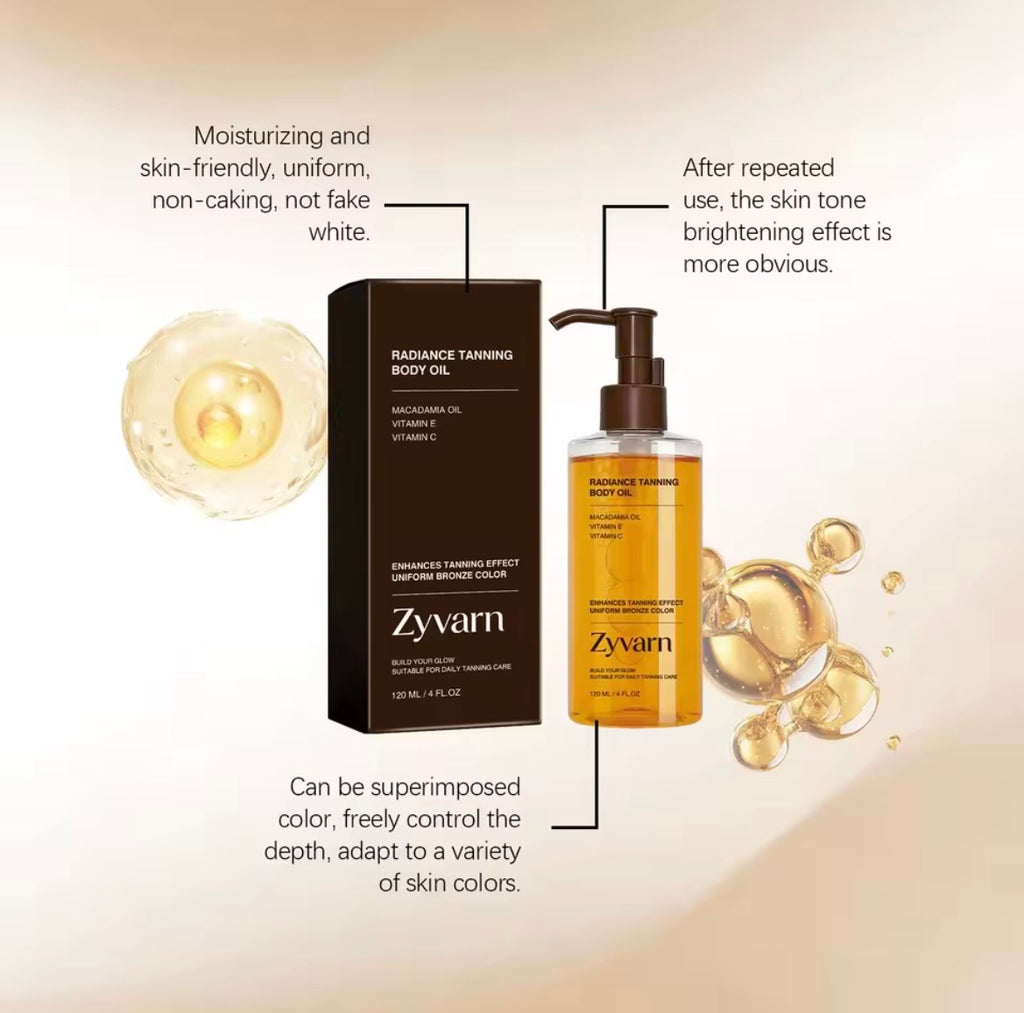 Zyvnar Radiance Tanning Body Oil shown with its black retail box and a clear pump bottle filled with golden-yellow oil, surrounded by decorative oil droplets and callout text on a warm beige background.