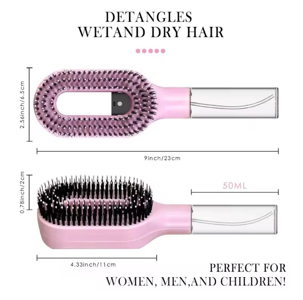 Pink hairbrush with measurements and text on a white background