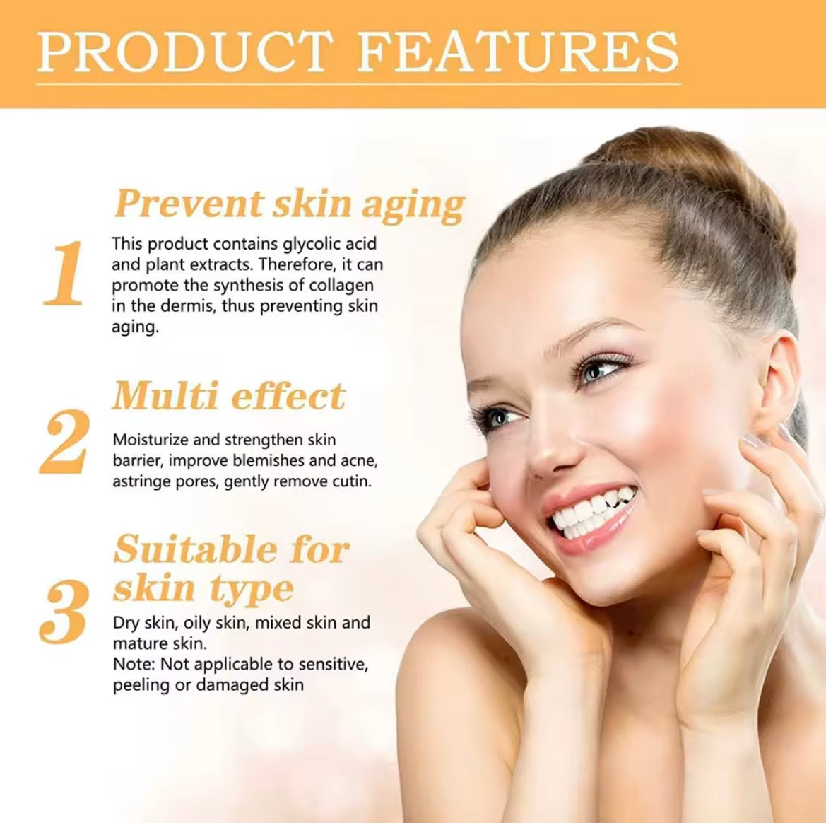 Bliss and Beauty Glycolic Acid 7% Toning Solution product features infographic — prevents skin ageing, multi-effect formula to moisturise, improve blemishes and minimise pores, suitable for dry, oily, combination and mature skin types