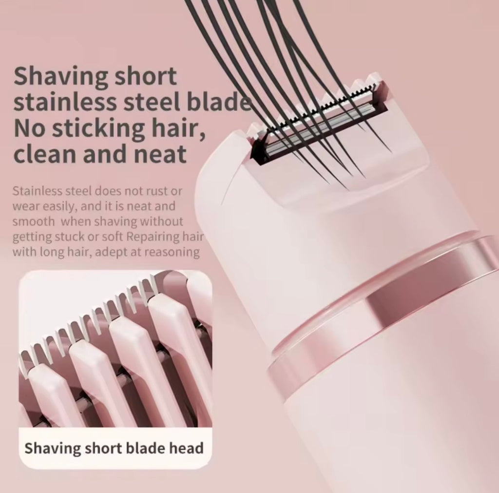 Close-up of a pink and white electric beard trimmer with stainless steel blades, shown with marketing text and a small inset of the blade head.