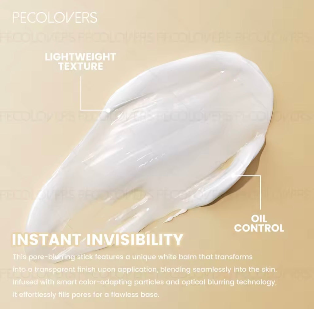 A close-up of a white cream product smear on a warm beige background with text overlays reading 'PECOLOVERS', 'LIGHTWEIGHT TEXTURE', 'OIL CONTROL', and 'INSTANT-INVISIBILITY'.