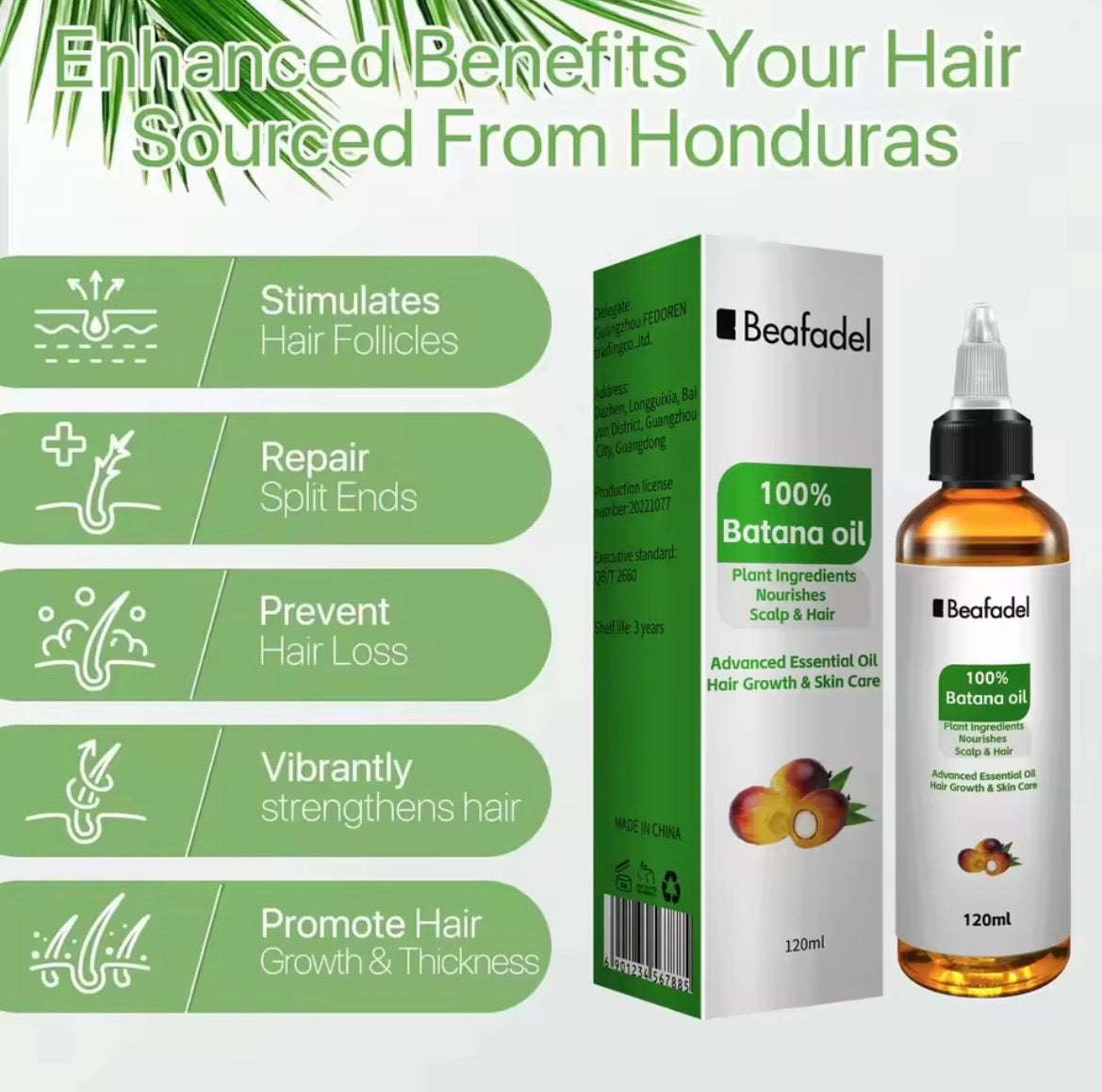 Beafadel 100% Batana oil hair growth and skin care set, featuring a 120ml bottle, its green and white packaging box, and a list of five benefits on the left side.