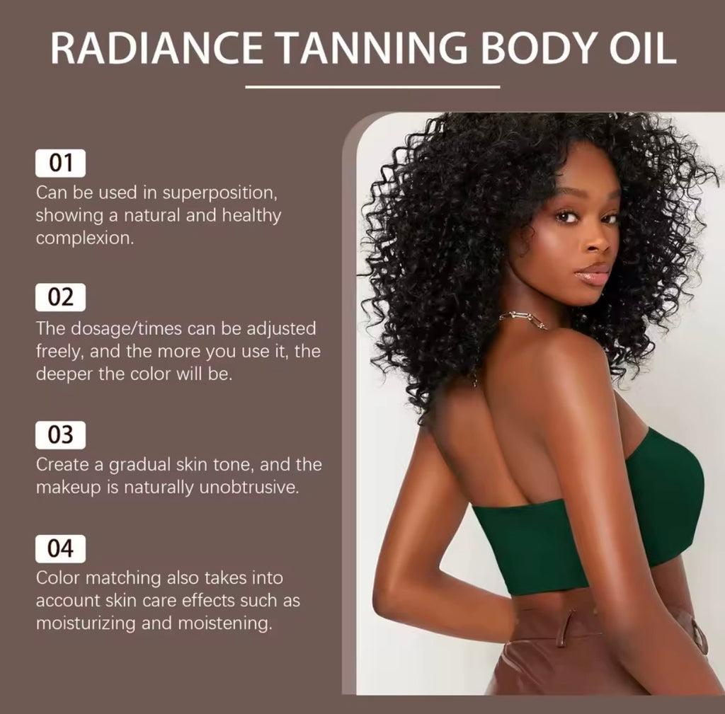 Promotional graphic for Radiance Tanning Body Oil, featuring a woman with voluminous dark curly hair on the right and four bullet points of text on the left against a taupe background.