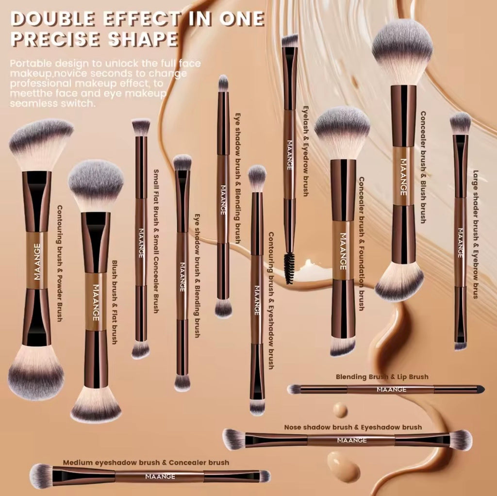 Dual-ended makeup brush set infographic showing brush functions including contouring, powder, blush, concealer, eyeshadow, and eyelash brushes