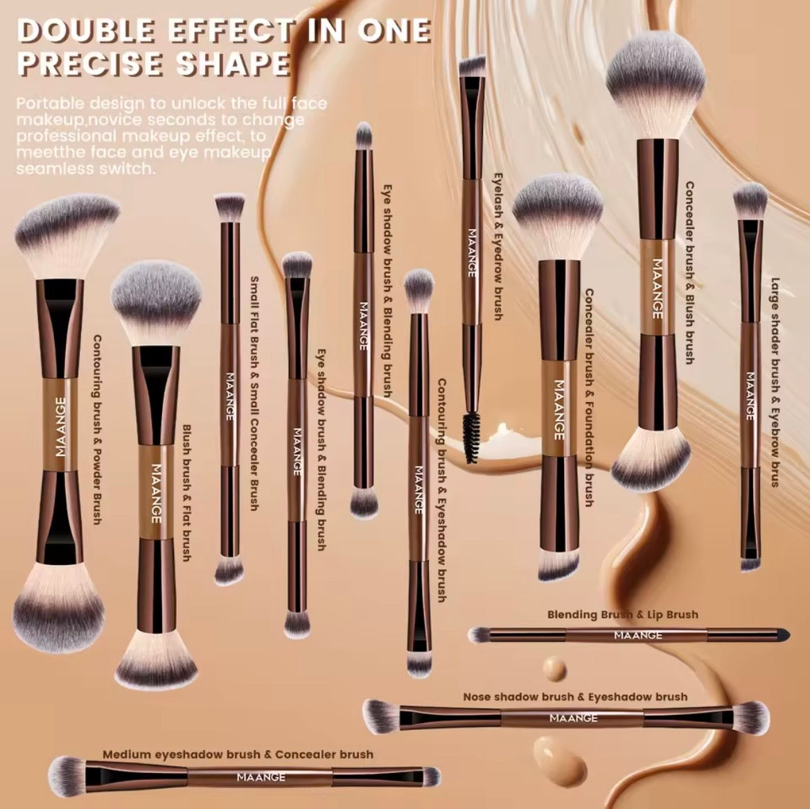 Dual-ended makeup brush set infographic showing brush functions including contouring, powder, blush, concealer, eyeshadow, and eyelash brushes