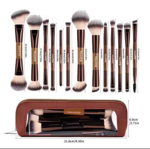 13-piece makeup brush set with size measurements and brown zip-up storage bag, showing brush dimensions in cm and inches
