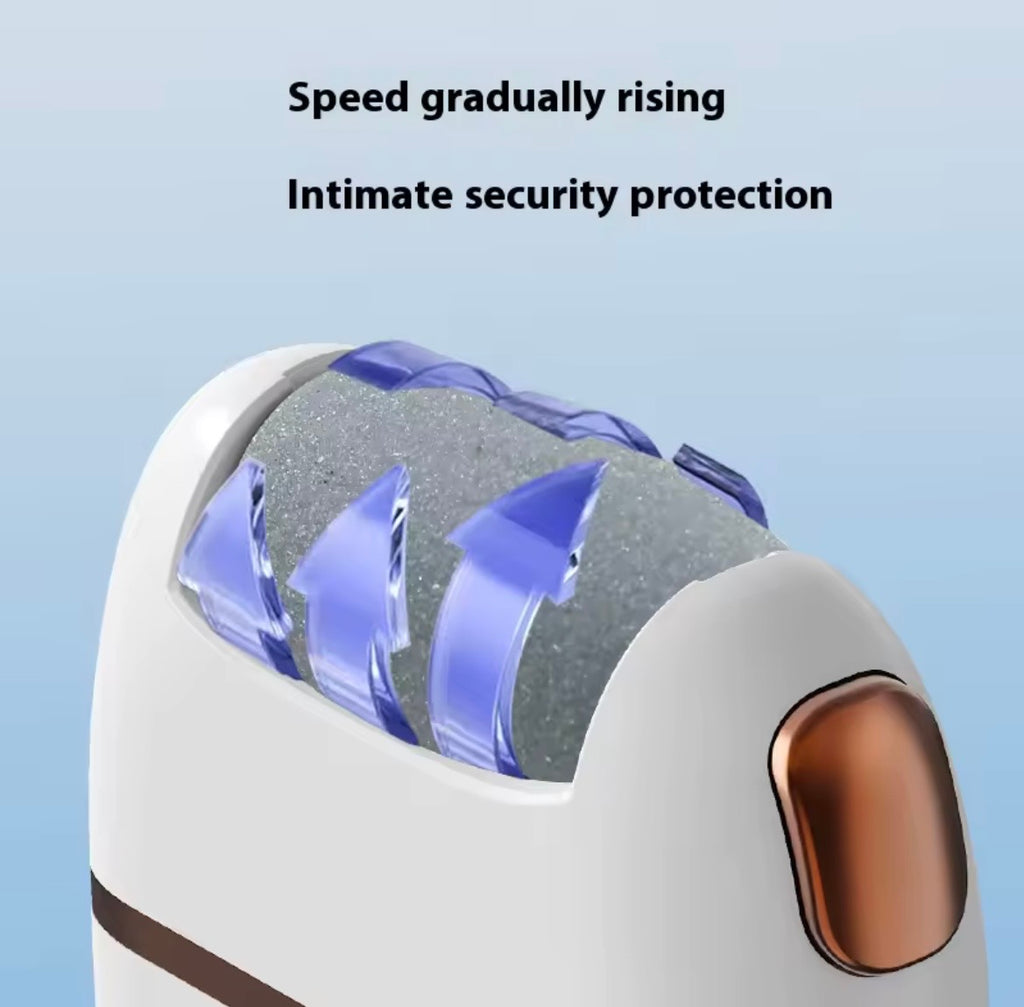 Close-up of a white intimate care device with a copper-toned button and translucent blue protective cover, shown against a light blue gradient background with the text 'Speed gradually rising' and 'Intimate security protection'.