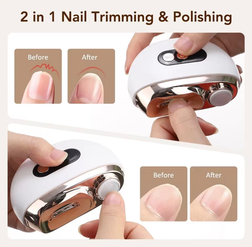 A 2-in-1 nail trimming and polishing device shown in a collage with close-up views of hands using the tool and before/after nail comparison images. The device is white with a reflective metallic silver/champagne edge and black buttons.