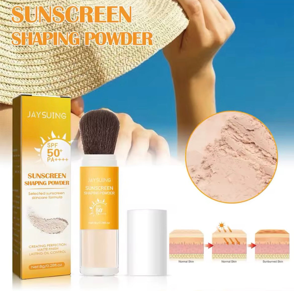 Jaysuing sunscreen shaping powder SPF 50+ PA++++ shown with its gold box, applicator brush, and a white cap, alongside a circular powder texture inset and small skin-layer diagrams. A person wearing a straw hat is partially visible against a blue sky background, and large text reads 'SUNSCREEN SHAPING POWDER'.