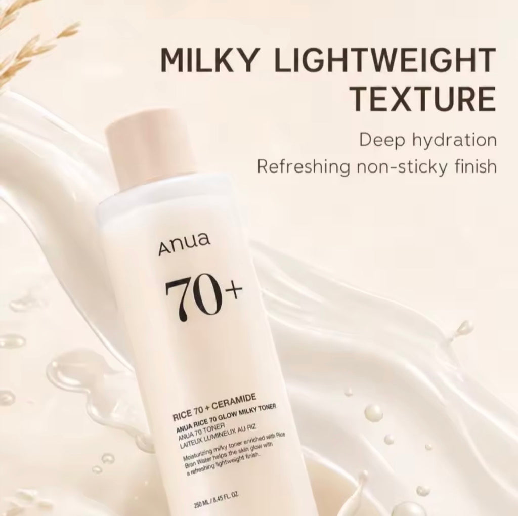 Anua 70+ Rice 70 + Ceramide Milky Lightweight Texture deep hydration toner bottle, shown against a creamy white background with milk splash graphics and text overlays.