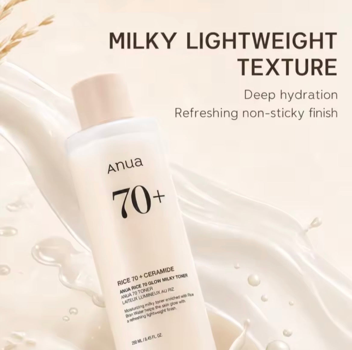 Anua 70+ Rice 70 + Ceramide Milky Lightweight Texture deep hydration toner bottle, shown against a creamy white background with milk splash graphics and text overlays.