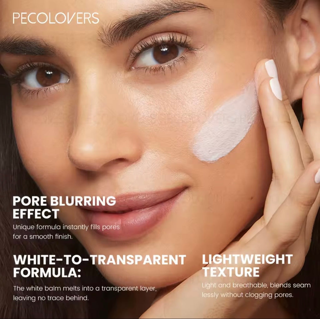 Close-up of a woman's face with a white balm product applied to her cheek, alongside text describing the PecoLovers pore blurring effect and lightweight texture.