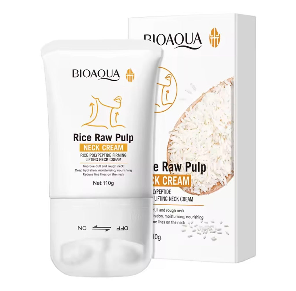 BIOAQUA Rice Raw Pulp Neck Cream 10g tube next to its white packaging box, featuring gold and orange accents on a clean white background.