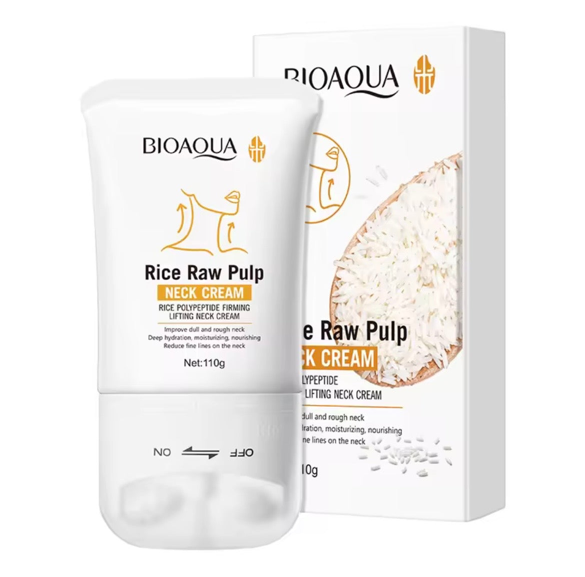 BIOAQUA Rice Raw Pulp Neck Cream 10g tube next to its white packaging box, featuring gold and orange accents on a clean white background.