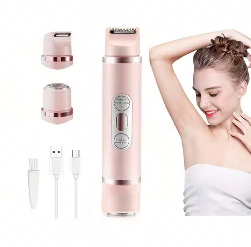A pink electric facial and body trimmer shown with two interchangeable heads, two white charging cables, and a woman on the right demonstrating its use. The trimmer has a metallic rose gold finish with silver accents.