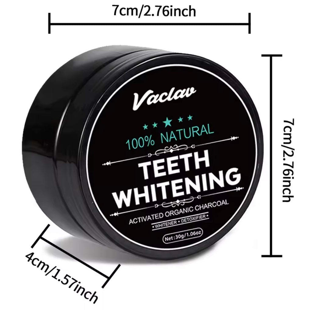 Black container labeled 'Vaclav 100% Natural Teeth Whitening' with dimensions on a white background