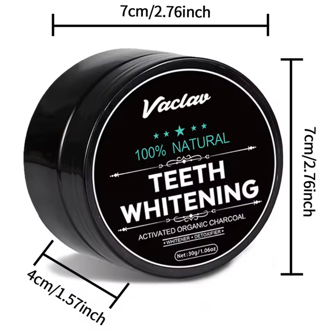 Black container labeled 'Vaclav 100% Natural Teeth Whitening' with dimensions on a white background