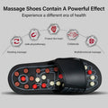 Massage shoe with acupressure nodes and text about its health benefits on a gray background