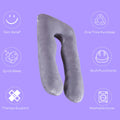 Gray U-shaped pillow on a purple background with icons and text describing its features.
